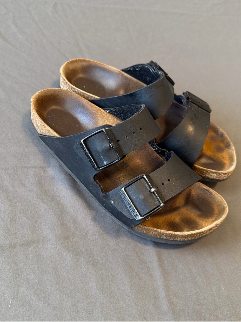 Birkenstock Black Two-Strap Buckle Sandals with Cork Footbed